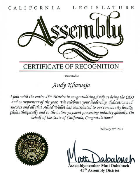 CA Legislature Certificate of Recognition