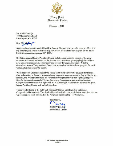 Dr. Andy Khawaja - Letter from US Congresswoman Nancy Pelosi