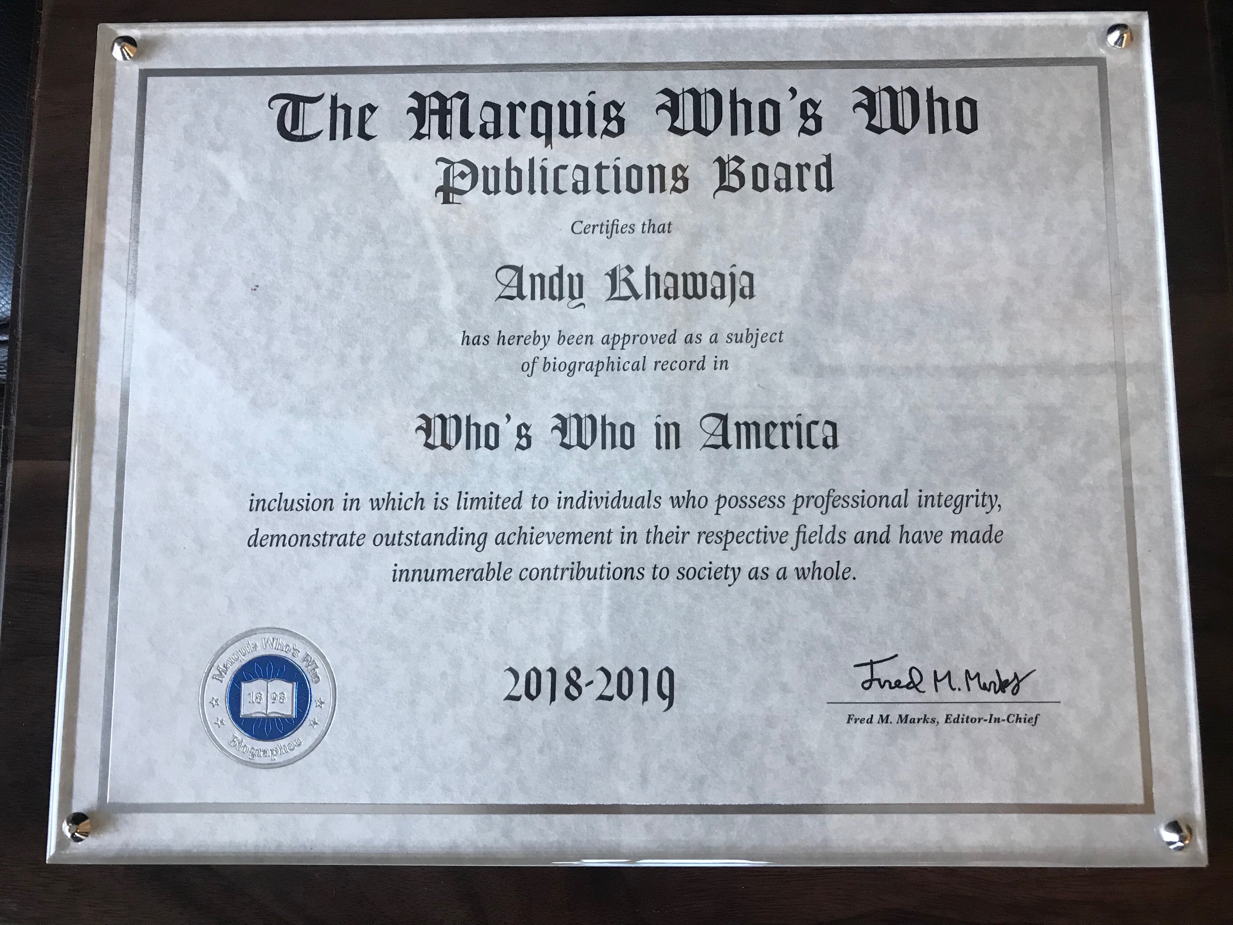 Marquis Who’s Who Certificate